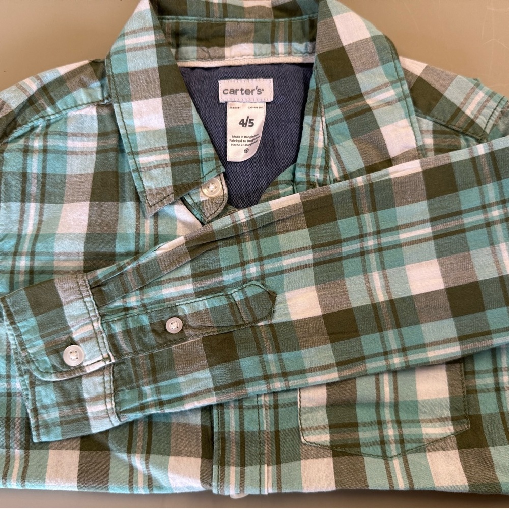 Carter's Green and White Plaid Button Down Shirt